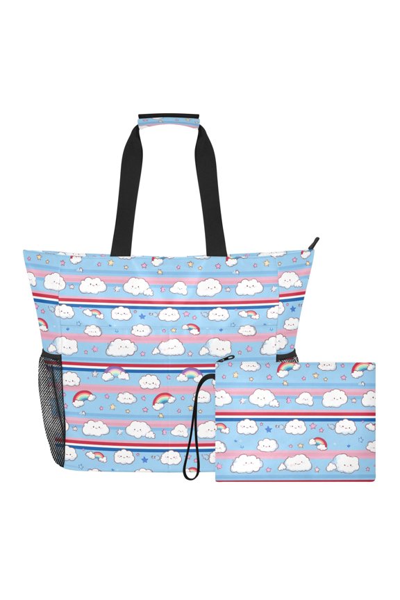 Extra Large Cute Clouds and Rainbows Beach Bag for Women Waterproof Tote with Zipper Pockets