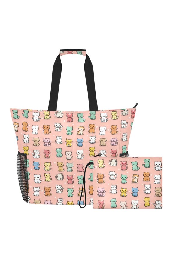 Extra Large Cute Kitten Beach Bag for Women Waterproof Tote with Zipper Pockets