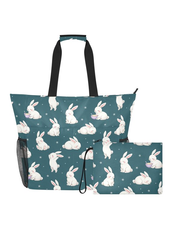 Extra Large Cute Rabbit Star Easter Beach Bag for Women Waterproof Tote with Zipper Pockets