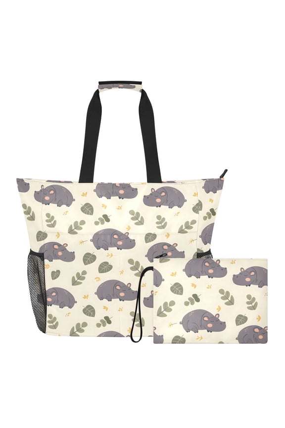 Extra Large Cute Sleepy Hippo Vector Pattern in Flat Style Beach Bag for Women Waterproof Tote with Zipper Pockets