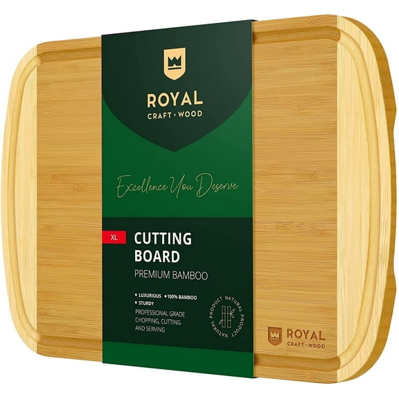 Royal Craft Wood Bamboo Cutting Board for Kitchen– Wooden Chopping Board for Kitchen Prep, Butcher Block with Juice Groove – Charcuterie Tray for Meat, Vegetables, Fruit & Cheese (XL, 18" x 12")