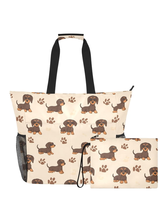 Extra Large Dachshund Dog Brown Dog Beach Bag for Women Waterproof Tote with Zipper Pockets