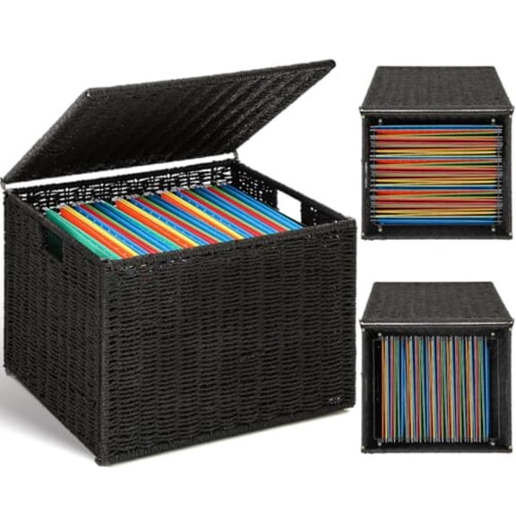 Extra Large Decorative File Box 18 x 16 x 13 in Wicker Seagrass File Basket Organizer for Letter Legal Size Hand Woven Hanging Filing Cabinet with Lid for Office Paper Rope Black