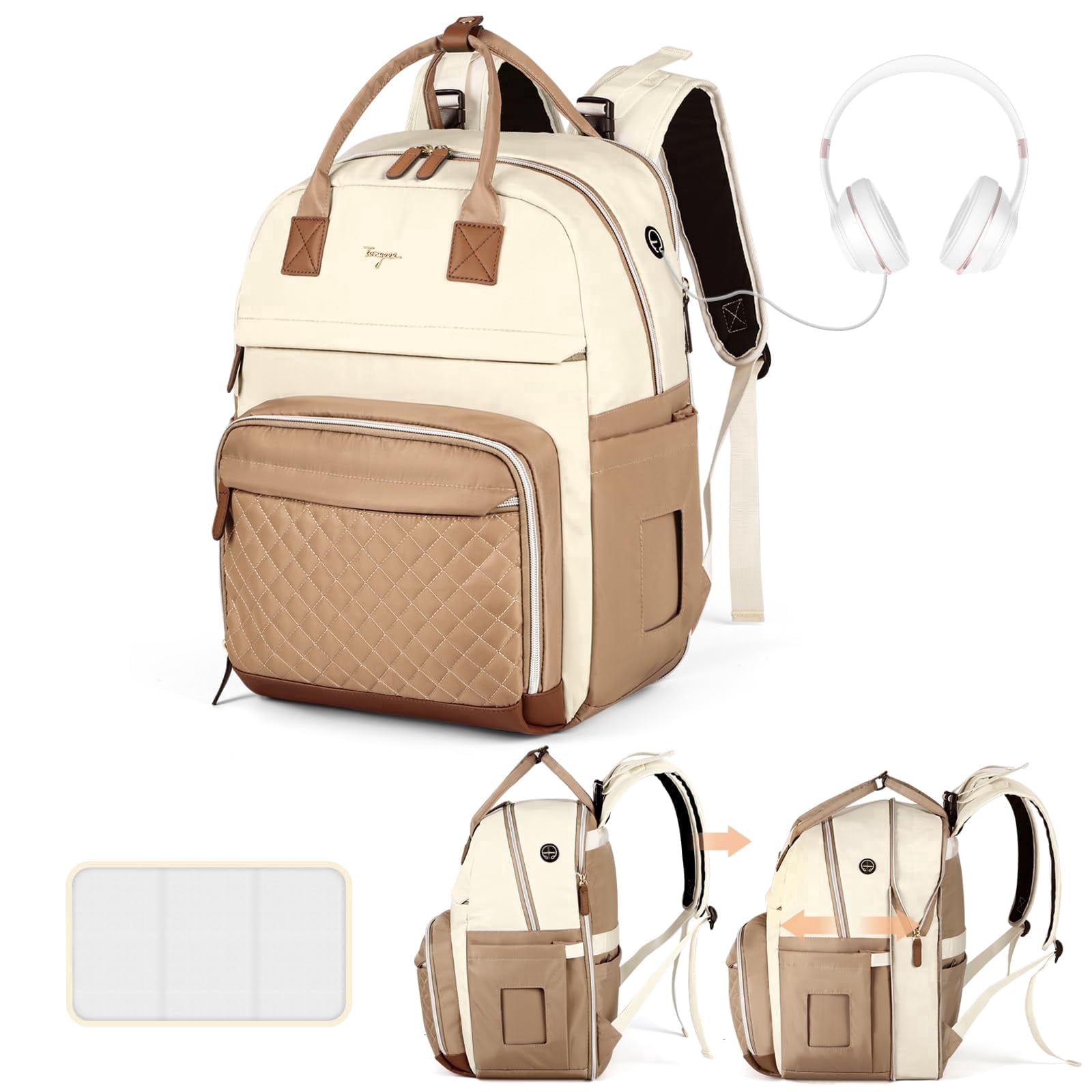 Extra Large Diaper Bag Backpack for Twins (25-37L Expandable) - Travel Baby Bag with Changing Pad & Earphone Hole for Mom & Dad, Apricot Beige