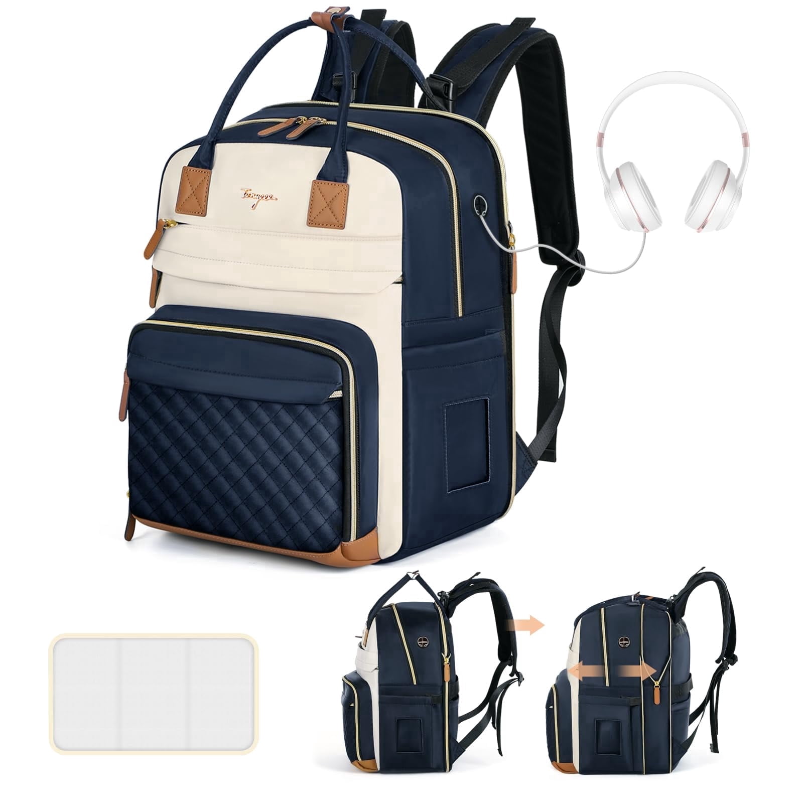 Extra Large Diaper Bag Backpack for Twins (25-37L Expandable) - Travel Baby Bag with Changing Pad & Earphone Hole for Mom & Dad, Apricot Blue