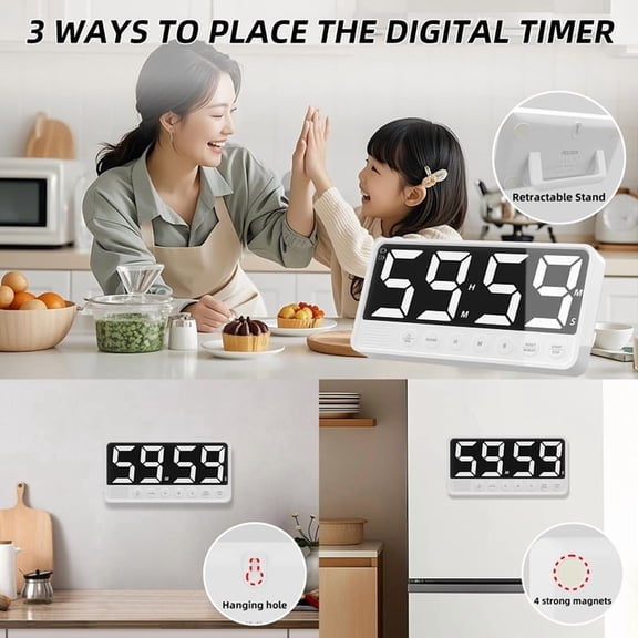 Extra-Large Display Digital Kitchen Timer, Magnetic Stand Rechargeable Count Down/Up Timer for Cooking Home Gym, White