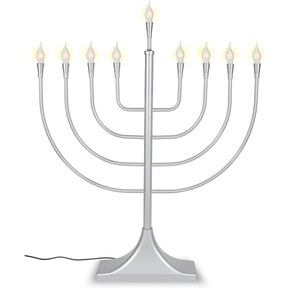 Extra Large Display Electric Menorah Satin Silver 23" Tall - with Flame Shaped Bulbs Traditional U-Shape USB Electronic Hanukkah Minorah with 10 Screw in LED Bulbs Chanukah Decorations By Zion Judaica