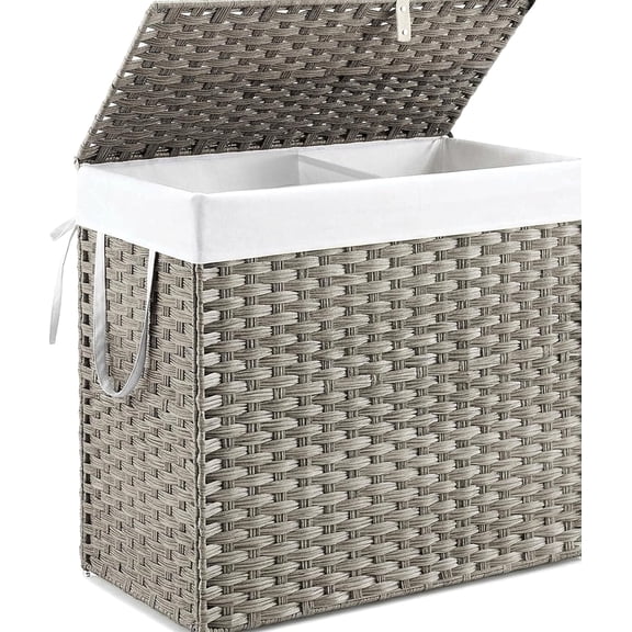Extra Large Divided Laundry Hamper with Lid, 2 Section Collapsible Dirty Clothes Basket 110L, Grey