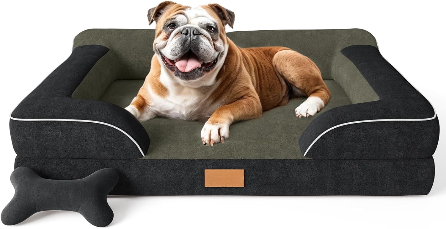 Extra Large Dog Bed, Orthopedic Dog Bed with Cooling Gel Memory Foam, Waterproof XL Pet Bed with Removable Washable Cover, 42" Pet Sofa Couch Dutch Velvet with Bone Toy, Black