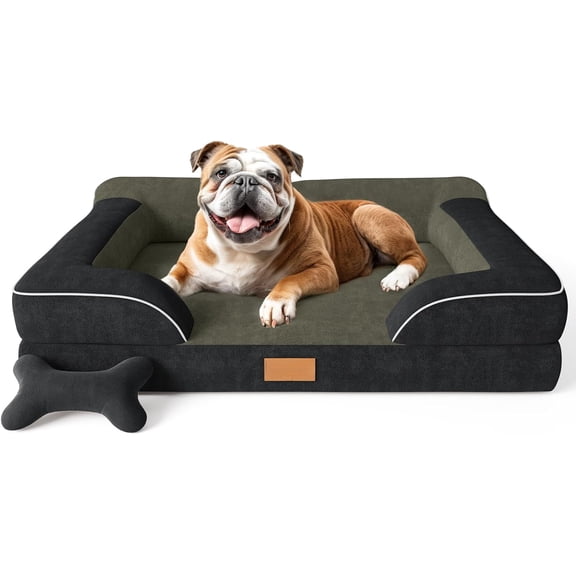Extra Large Dog Bed, Orthopedic Dog Bed with Cooling Gel Memory Foam, Waterproof XL Pet Bed with Removable Washable Cover, 42" Pet Sofa Couch Dutch Velvet with Bone Toy, Black
