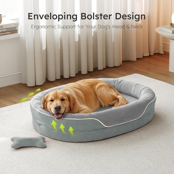 Extra Large Dog Bed+XL Dog Sofa with Full-Surround Bolsters Light Grey + Multi-Scene | Memory Foam Dual-Sided Cooling Washable Nonslip Bottom Orthopedic Bed