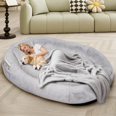 Human Dog Bed for Pets and Adults, 71"x45"x14" Human Size Giant Dog Pets Bed, Washable Faux Fur Cover for Humans with Blanket and Pillow,Grey