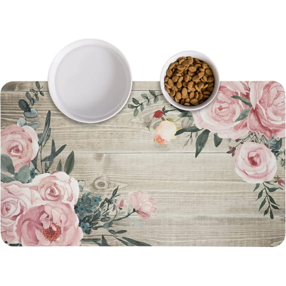 Extra Large Dog Cat Pet Placemat Food Feeding Mat ,Flowerwood Mat for Dog Bowls and Water,Water Absorbent,Non Slip Placemat,Easy to Clean ,30"x17"