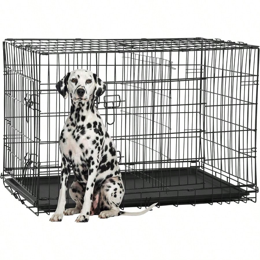 Extra Large Folding Metal Wire Dog Crate with Double Door, Removable Tray and Divider Panel, 48 Inch, Dark Black