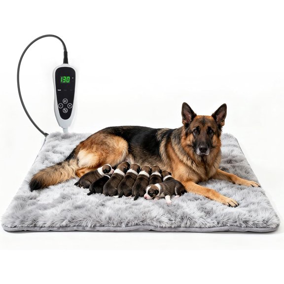 Extra Large Dog Heating Pad, 47×30 in Waterproof Heated Dog House, Upgraded Smart Thermostat Heated Dogs Bed with Wire Rope, Detachable Plush Mask, Whelping Box-Grey