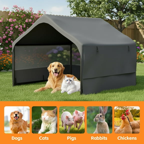 Extra Large Dog House Outside,Dog Tent Outdoor with Three-Sided Breathable Mesh Windows and Ground Nails,Sun Rain Canopy Pet House with Waterproof Roof,for Dogs,Cats,Livestock,4'x 4'x 3',Gray
