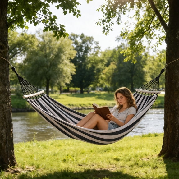 Extra Large Double Camping Hammock - 500 lb Capacity Canvas Hammock with Wooden Spreader Bars (Anti-Roll), Carry Bag & 9.8 ft Tree Straps