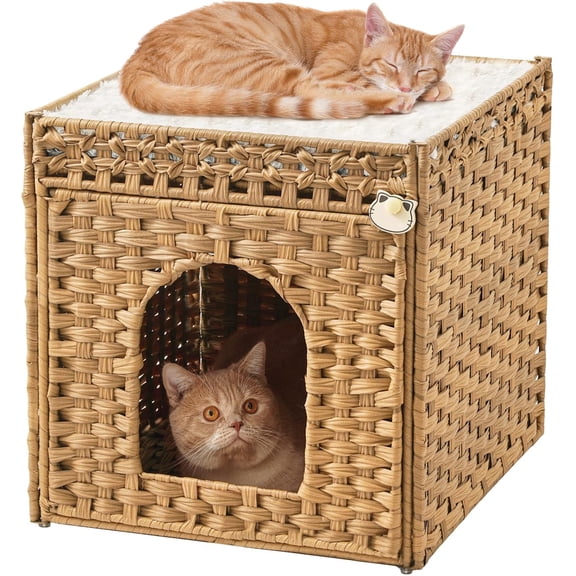 Extra Large Double Cat Cave Bed with Handwoven Rattan Cube and Double-Sided Soft Cushions Rectangle XL Natural