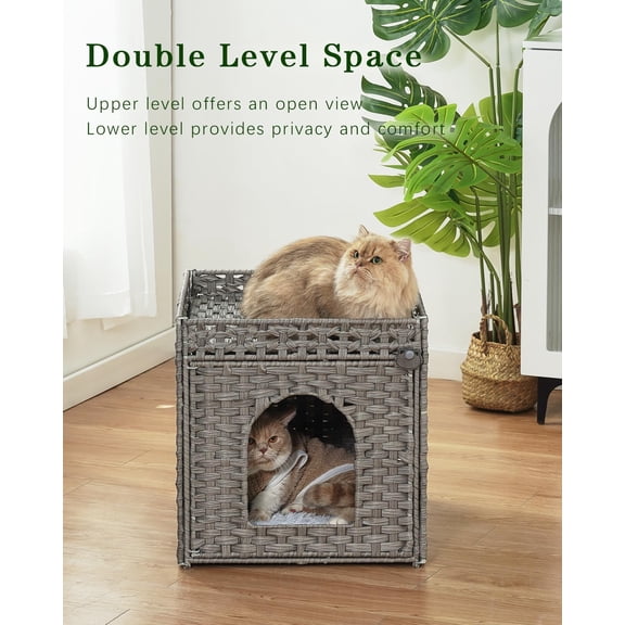 Extra Large Double Cat Cave Pet Cube Handwoven Rattan with Double-Sided Soft Cushions 18.5 x 20.5 x 19.1 Inches Foldable Hideaway Gray