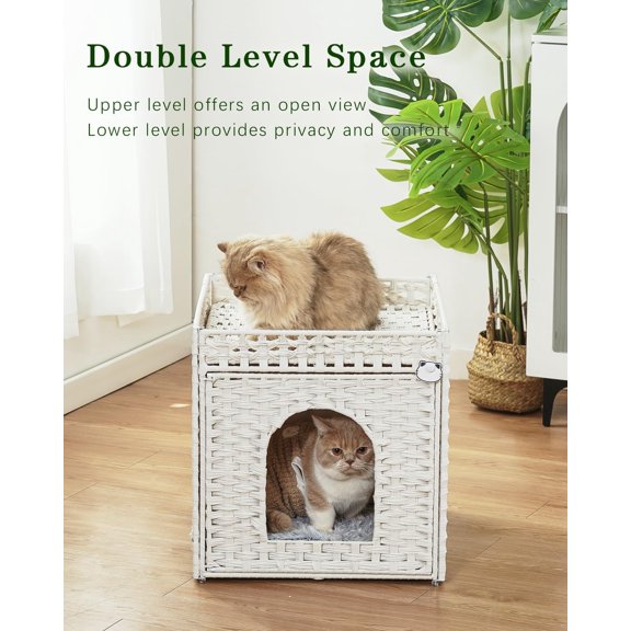 Extra Large Double Cat Cave Pet Cube Handwoven Rattan with Double-Sided Soft Cushions 18.5 x 20.5 x 19.1 Inches Foldable Hideaway White