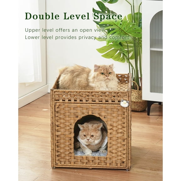 Extra Large Double Cat Cave Pet Cube Handwoven Rattan with Double-Sided Soft Cushions 18.5 x 20.5 x 19.1 Inches Foldable Hideaway