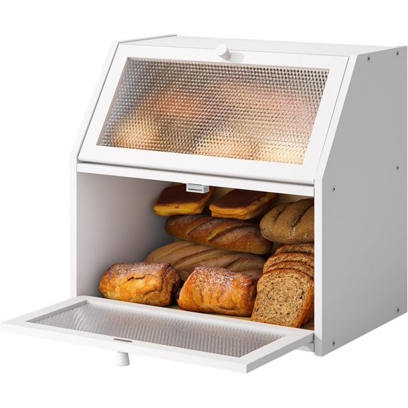 Extra-Large Double-Layer Bread Storage Box with Diamond-Pattern Windows, White, Acrylic and Bamboo