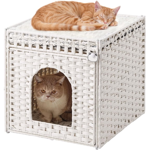 Extra Large Double-Sided Rattan Cat Cave Bed with Soft Cushions Foldable Hideaway Rectangle XL White