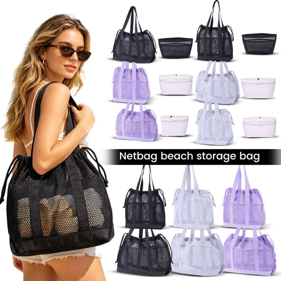 Extra-Large Drawstring Mesh Beach Bag With Reinforced Handles And Bottom Band, 12.99 Inch x 10.62 Inch Spacious Design For Towels Sandals And Snacks A