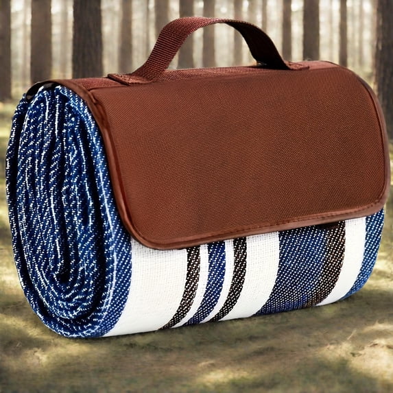 Extra Large Dual-Layer Waffle Weave Picnic Blanket - Blue & White Stripes - Includes Carry Tote - All-Season for Beach, Camping, BBQ (Durable Outdoor Mat)