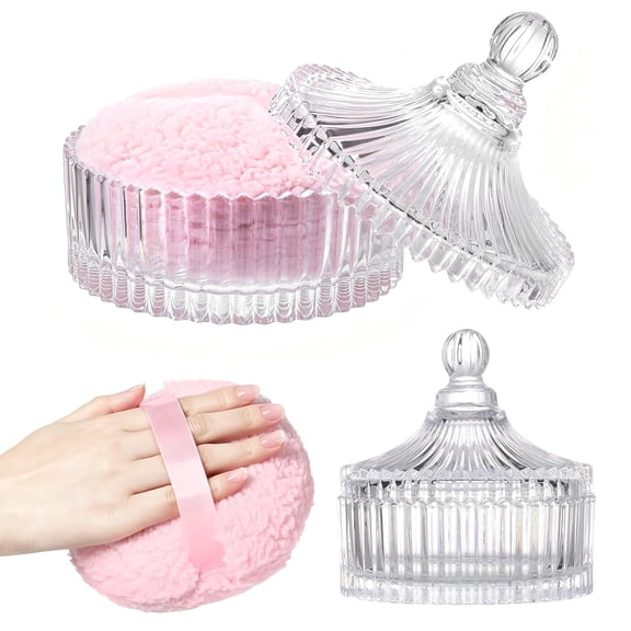 Extra Large Dusting Powder Puff and Container, 6 Inch Washable Powder Puff for Body Powder, Glass Powder Container with Puff for Women, Clear