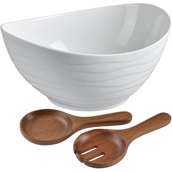 Extra Large Elegant Ceramic Oval Salad Bowl Set with Premium Acacia Wood Salad Serving Utensils - Large Capacity, Stylish and Practical, Kitchen Must-Have