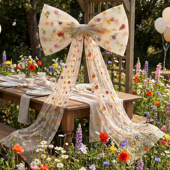 Extra Large Embroidery Floral Tulle Bow Decorations 39 x 59 Inch Giant Champagne Organza Bow with Tie and Long Ribbon Tails for Spring Wedding Backdrop Coquette Room Wall Decoration