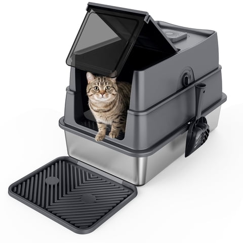 Extra Large Cat Litter Boxes for Big Cats Multiple, Stainless Steel Litter Box with Lid, Enclosed Metal Cat Litter Box with Mat, Easy to Clean, Dark Gray