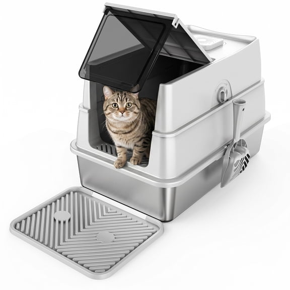 Extra Large Enclosed Cat Litter Boxes for Big Cats Multiple, Stainless Steel Litter Box with Lid, Metal Cat Litter Box with Mat, Easy to Clean, Silver Gray