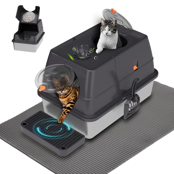 Extra Large Enclosed Stainless Steel Cat Litter Box, 120° Flip-Top, Front Entry/Top Exit, Leak-Proof Odorless with Scoop, Filter Pedal & Pad, Easy to Clean