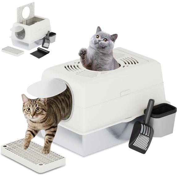 YODOLLA Extra Large Enclosed Stainless Steel Cat Litter Box with Lid, Front Dual-Door and Top Exit Metal Kitty Pan Box for Big Cats, w/ Litter Scoop, Box Step, Waste Bin & Trash Bags in White