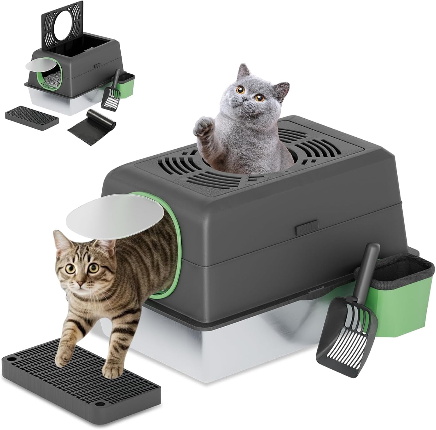 YODOLLA Extra Large Enclosed Stainless Steel Cat Litter Box with Lid, Front Dual-Door and Top Exit Metal Kitty Pan Box for Big Cats, w/ Poop Scoop,Box Step, Waste Bin & Trash Bags in Black