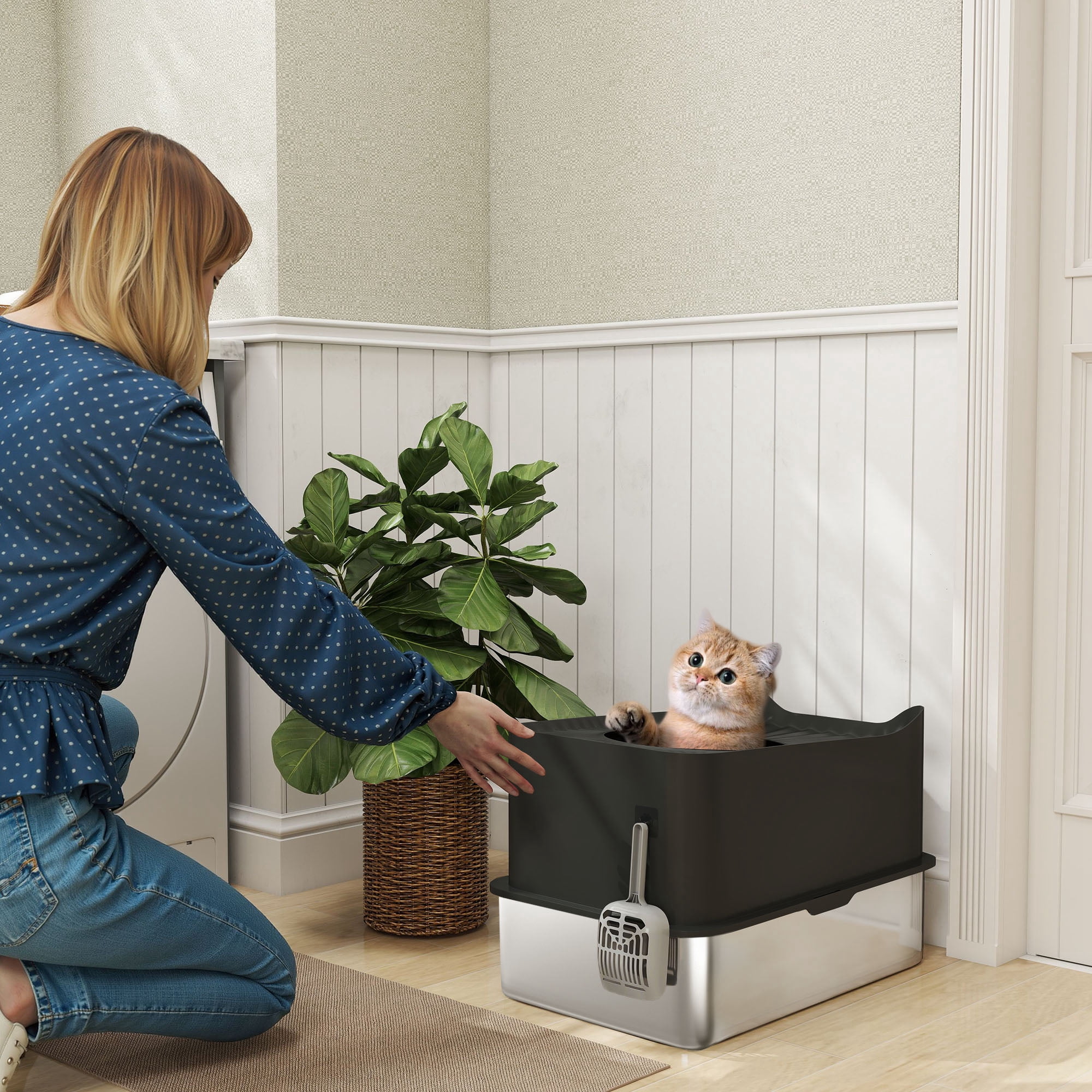 Extra Large Enclosed Top Entry Cat Litter Box, Stainless Steel Anti-Leak Odor Control Cat Toilet With Non-Slip Design, Durable ABS Pet Waste Basin With Litter Scoop For Cats Up To 20Lbs