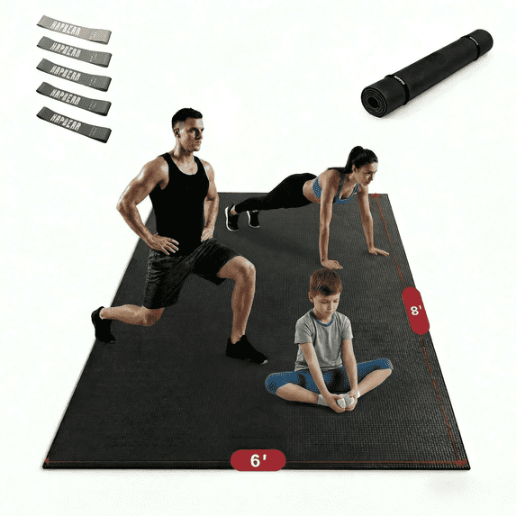 Extra Large Exercise Mat 4 x 6 ft to 6 x 12 ft x 8mm Thick Non-Slip Durable Workout Mat for Home Gym Flooring, with Resistance Bands & Storage Bag