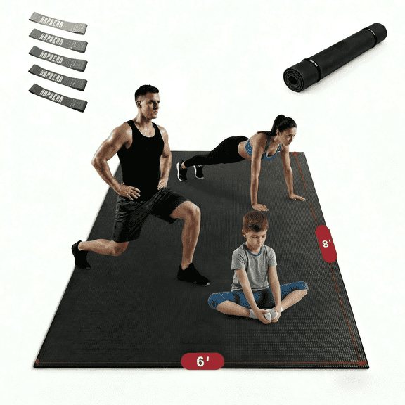 Extra Large Exercise Mat 4 x 6 FT to 6 x2 FT x 8mm Thick Non-Slip Ultra Durable Workout Mats for Home Gym Flooring, with Resistance Bands & Storage Bag, Shoes-Friendly Yoga Mat for Cardio, Fitness