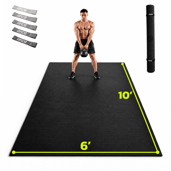 Extra Large Exercise Mat 4 x 6 ft to 6 x 12 ft x 8mm Thick Non-Slip Durable Workout Mat for Home Gym Flooring, with Resistance Bands & Storage Bag