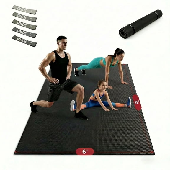Extra Large Exercise Mat 4 x 6 FT to 6 x2 FT x 8mm Thick Non-Slip Ultra Durable Workout Mats for Home Gym Flooring, with Resistance Bands & Storage Bag, Shoes-Friendly Yoga Mat for Cardio, Fitness