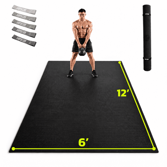 Extra Large Exercise Mat 4 x 6 ft to 6 x 12 ft x 8mm Thick Non-Slip Durable Workout Mat for Home Gym Flooring, with Resistance Bands & Storage Bag