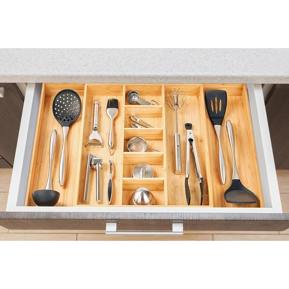 Extra Large Expandable Kitchen Drawer Organizer for Utensil and Junk, 19" Deep for Big Drawer, 17" to 28" Adjustable Bamboo Wood Drawer Divider, Cutlery Tray, Flatware Holder