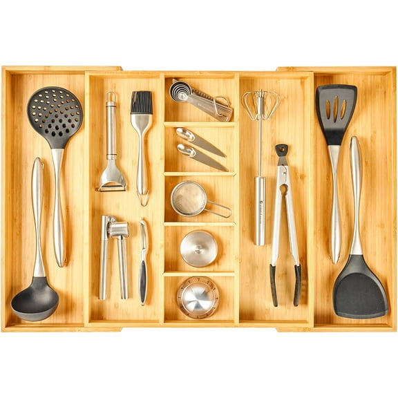 Extra Large Expandable Kitchen Drawer Organizer for Utensil and Junk, 19" Deep for Big Drawer, 17" to 28" Adjustable Bamboo Wood Drawer Divider, Cutlery Tray, Flatware Holder