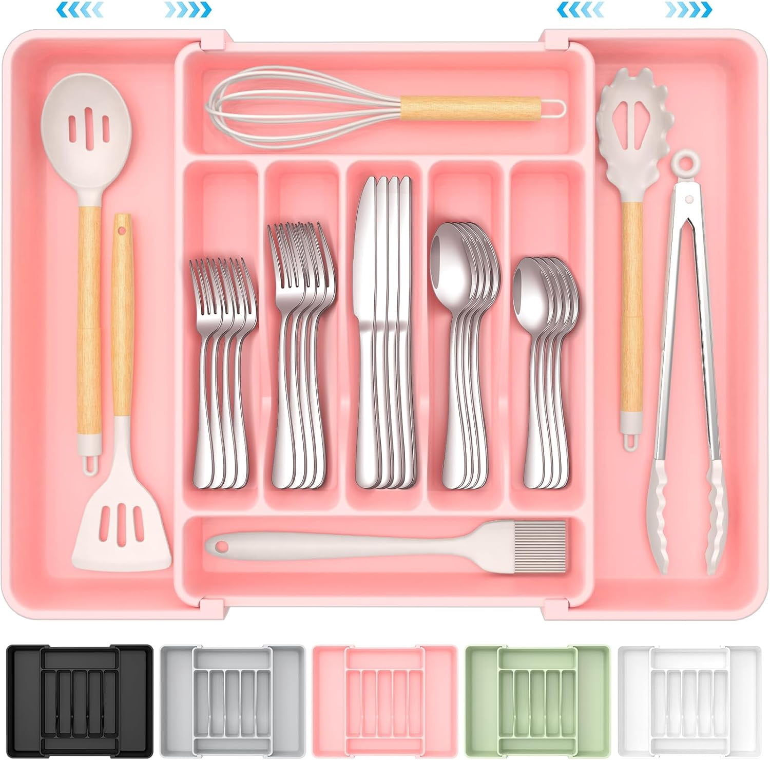 Kitchen Silverware Storage Extra Large Expandable Silverware Organizer, BPA-Free Food-Safe Cutlery ...