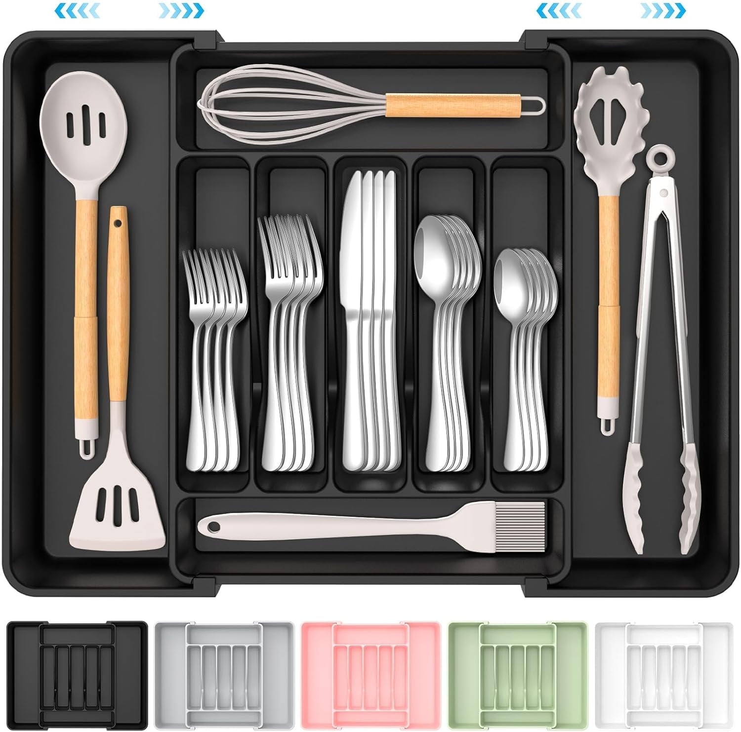Kitchen Silverware Storage Extra Large Expandable Silverware Organizer, BPA-Free Food-Safe Cutlery ...