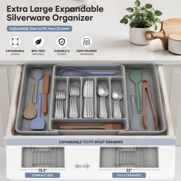 Extra Large Expandable Silverware Organizer, BPA-Free Food-Safe Flatware Drawer Divider, Adjustable Kitchen Utensil Holder for Spoons, Forks & Knives, Gray