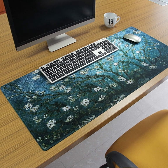 Extra Large Extended Gaming Desk Mat Non-Slip Rubber Pads Stitched Edges Mouse Pad 35.4 x 15.7 inch - Vincent Van Gogh Almond Blossom