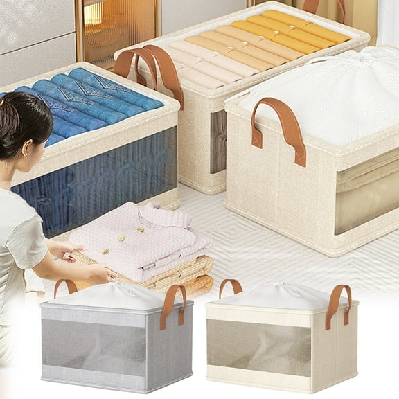 Extra Large Fabric Storage Bins with Lids for Closet Organization, Heavy Duty Collapsible Boxes, Bedroom & Dorm Room Decluttering Solution, UKHBMC | L, Beige